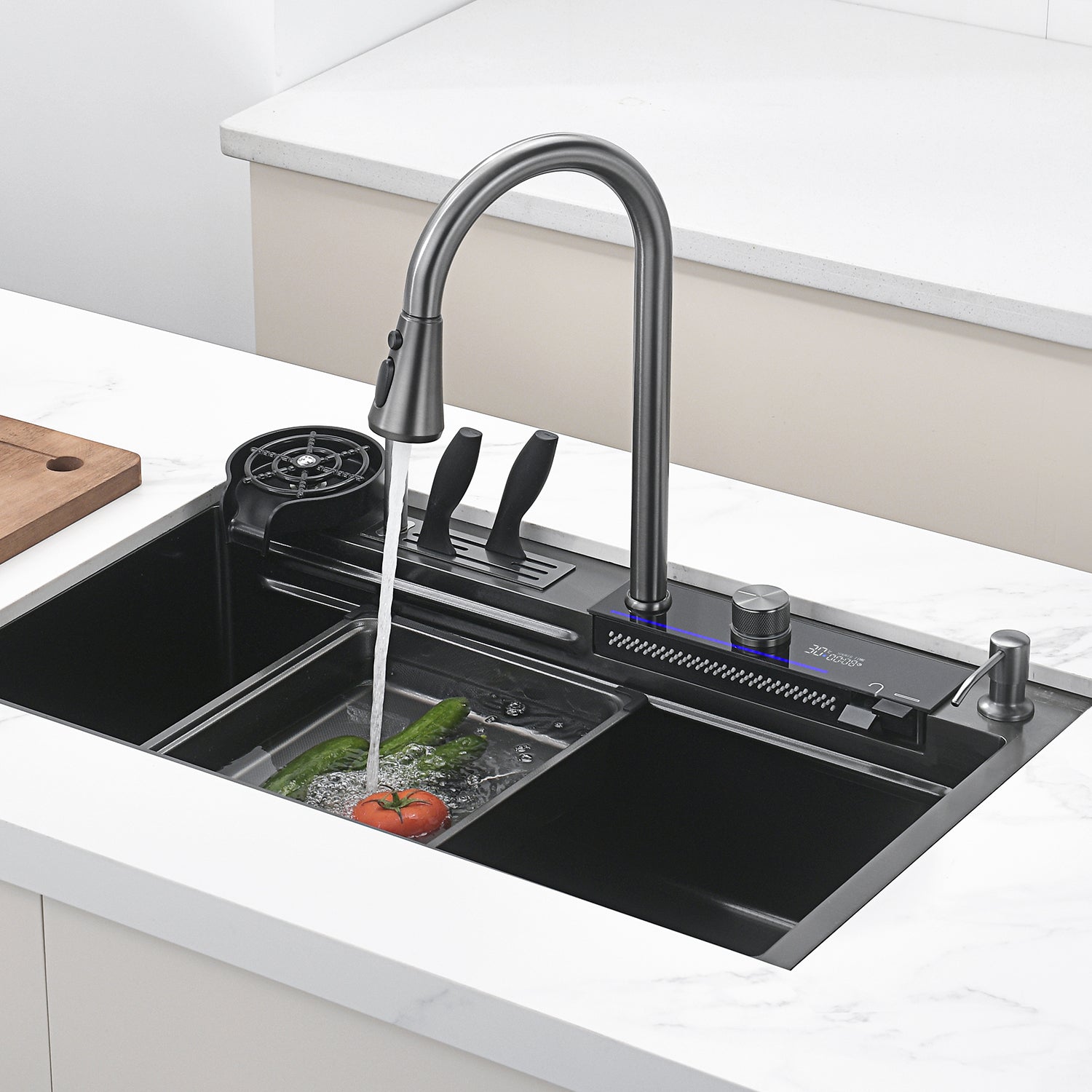 Waterfall Workstation Kitchen Sink Set with Digital Temperature Display & Knife Holder