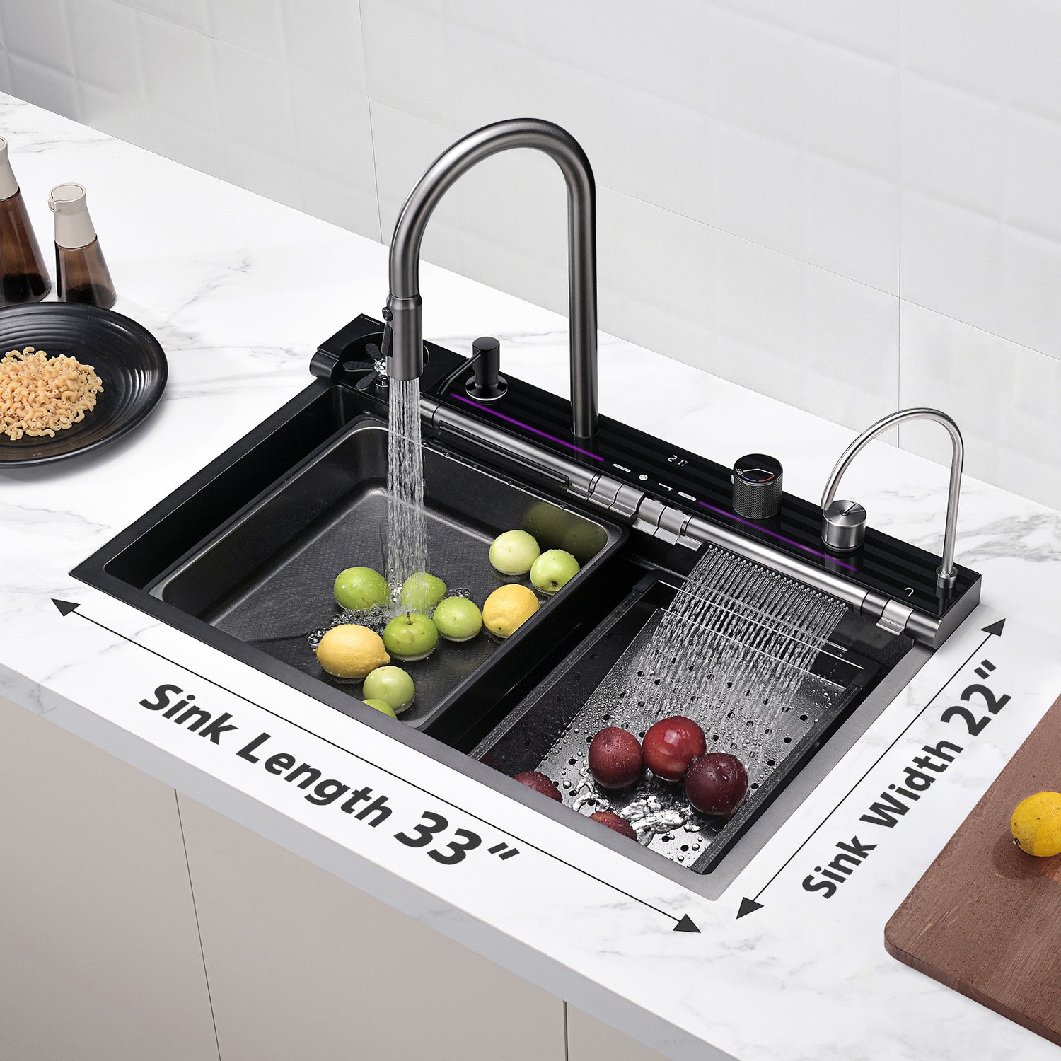 GULLFOSS | 33" x 22" Workstation Kitchen Sink Kit with Digital Temperature Display & Lighting Adjustable Waterfall Faucet - SKS2306L