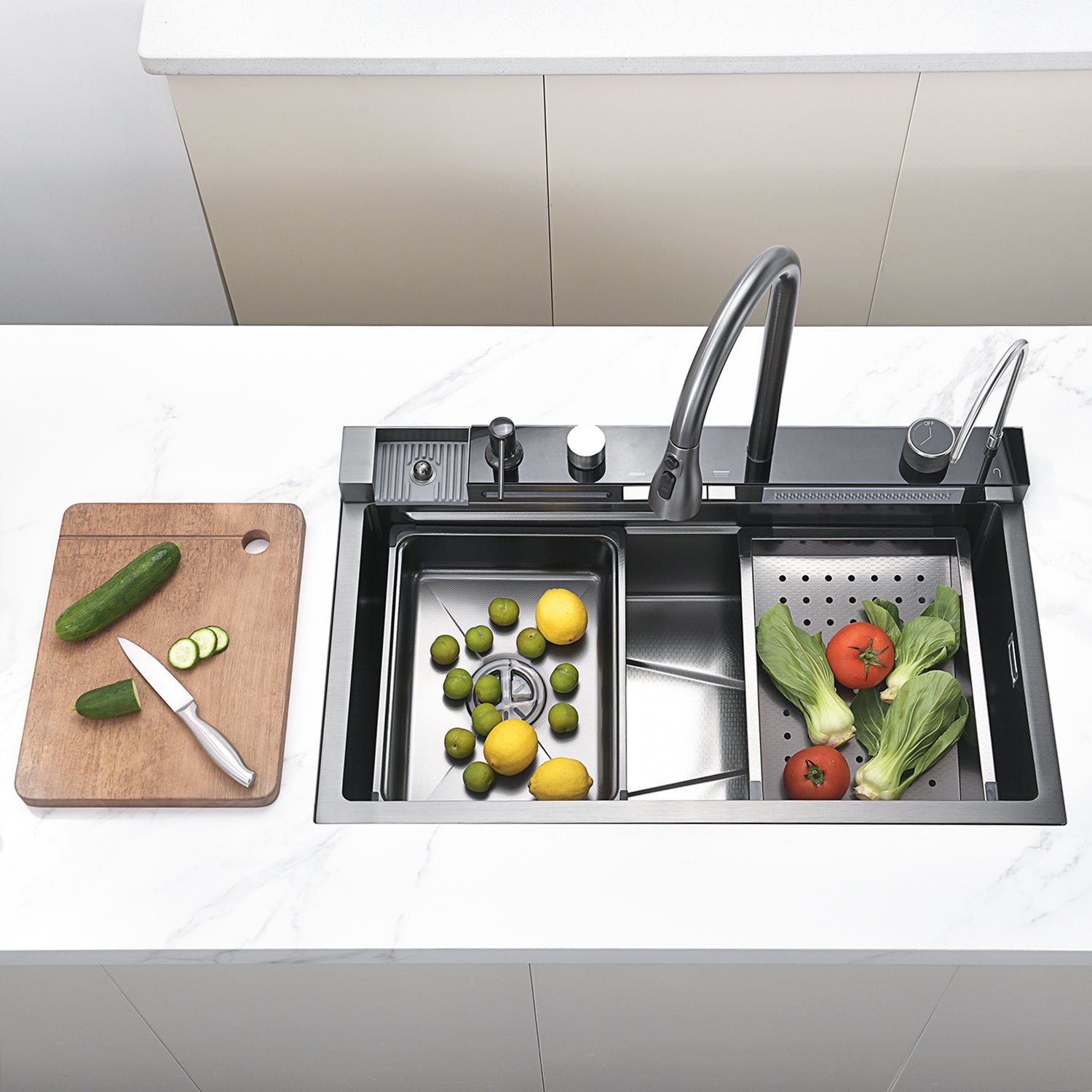 NIAGARA | 33x22 Inch Workstation Kitchen Sink with Digital Temperature Display & Lighting Waterfall Faucet - SKS2305L