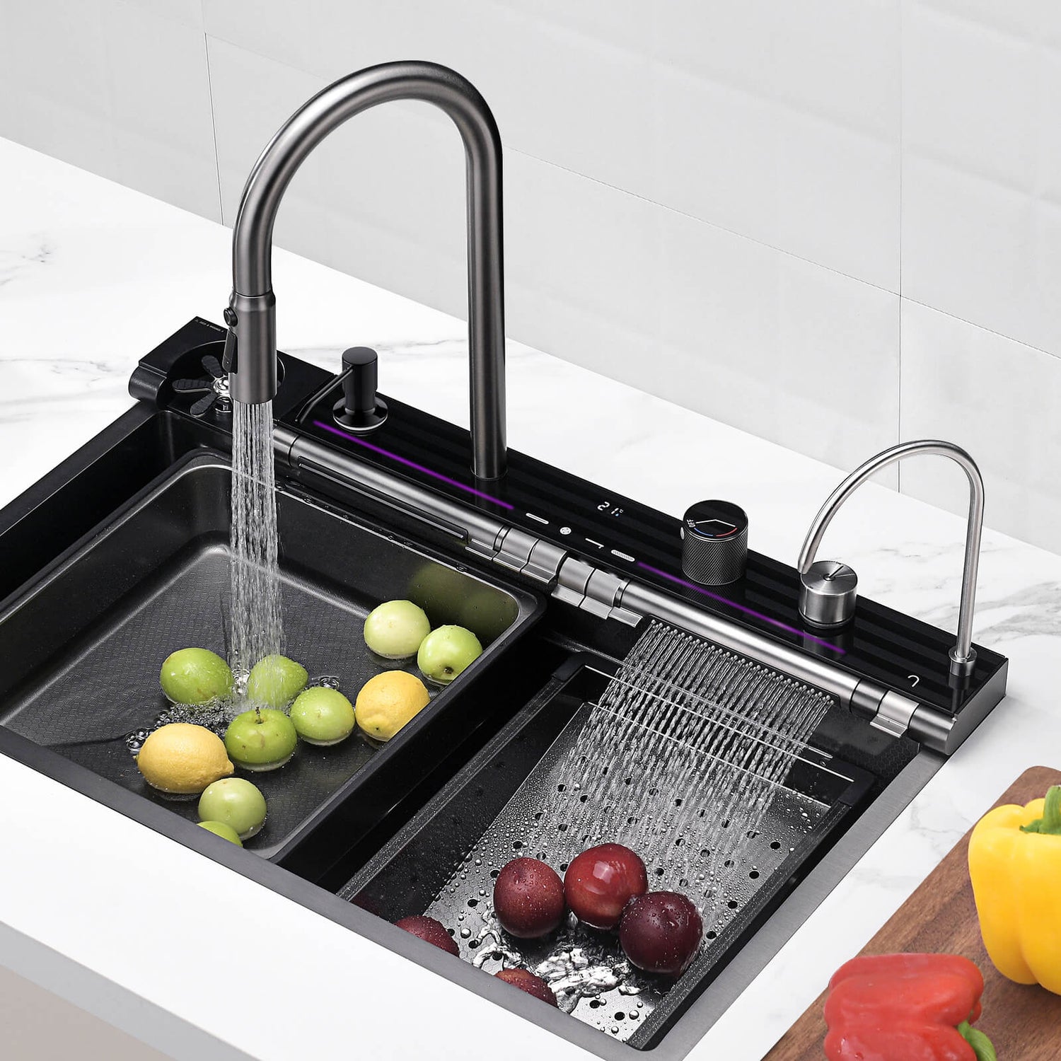 GULLFOSS | 33" x 22" Workstation Kitchen Sink Kit with Digital Temperature Display & Lighting Adjustable Waterfall Faucet - SKS2306L